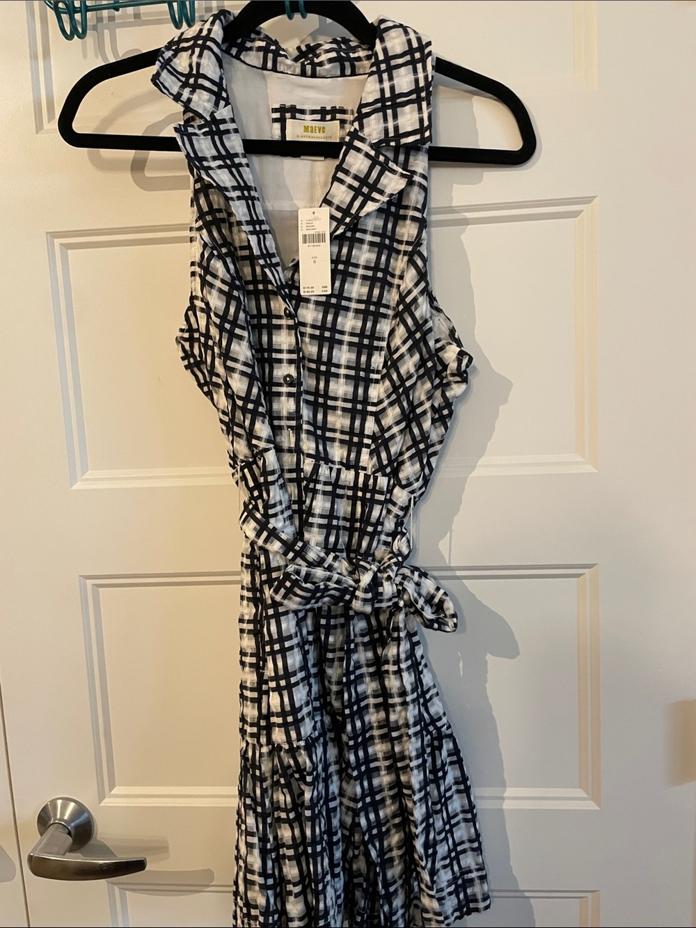 Maeve Black & White Plaid Sleeveless Tie-Waist Midi Dress